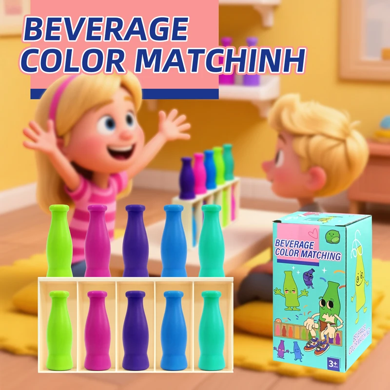 Hölzernes Farbklassifizierungsspiel, sensorisches Lernspielzeug, Montessori, Ratet mal die Farbe der Flasche, interaktive Eltern-Kind-Spiele