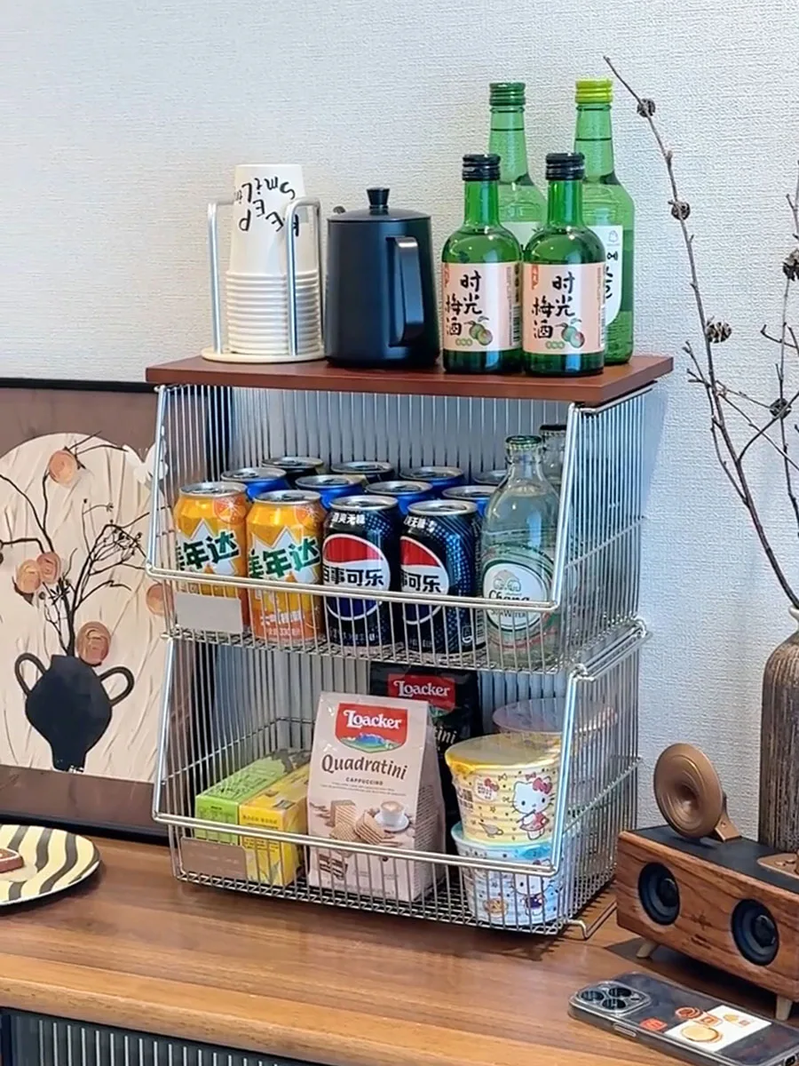 

Многоуровневая кухонная корзина-органайзер из нержавеющей стали для фруктов и закусок, экономящая место на столешнице, с деревянной отделкой