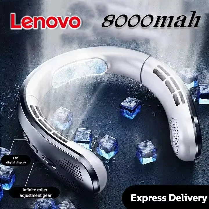 Lenovo HOT 100000mAh Hanging Neck Bladeless Fan Portable Mini USB Rechargeable Mute LED Digital Display Electric Fans Air Cooler