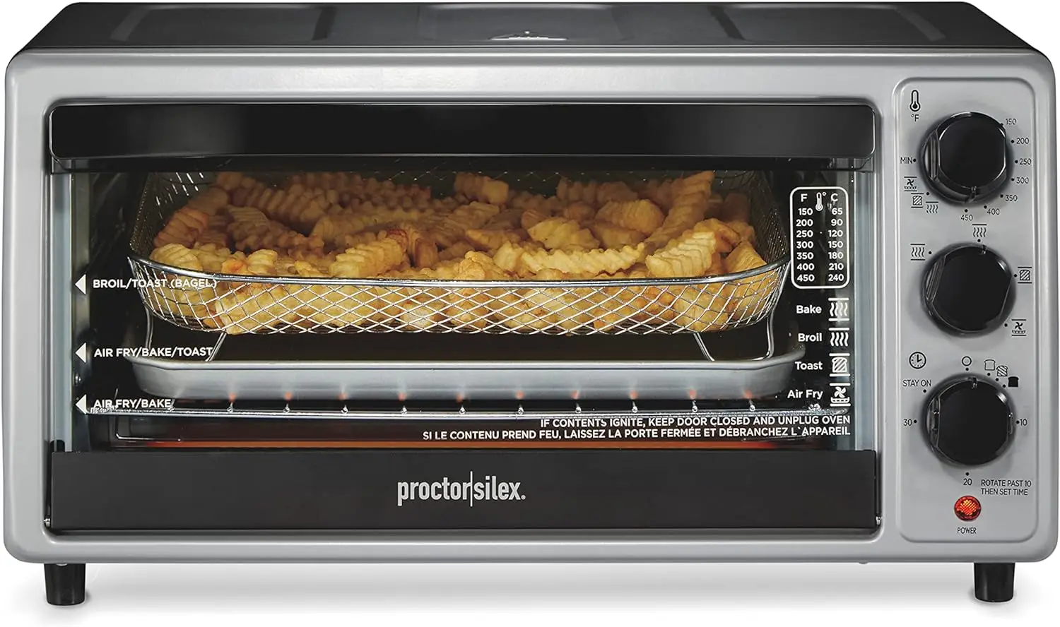 

-Crisp Oven Air Fryer Combo with 4 Functions Including Convection, Bake & Broil, Fits 6 Slices or 12\u201D Pizza, Shutoff,