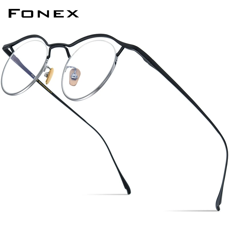 

FONEX Titanium Glasses Frame Men Semi Rimless Women Retro Round Eyeglasses Half Rim Eyewear MF-001