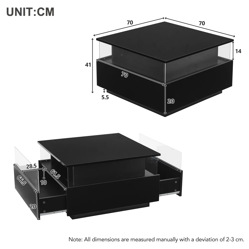 70 x 70 x 41 cm großer moderner Hochglanz-LED-Couchtisch mit 2 Schubladen und transparentem Präsentationsbereich, belastbar bis zu 30 kg – Detail 17