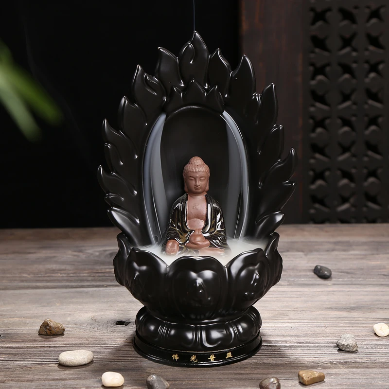 

BEST business present # HOME Buddha porcelain pottery Sakyamuni Buddhist censer Incense Burner Lotus statue