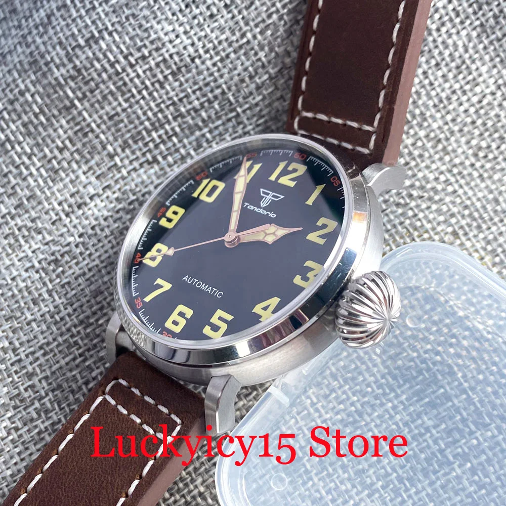 46.5MM Big Watch Case 20ATM Waterproof NH35 PT5000 Movement Watch SelfWinding For Men\'s Leather Strap Black Dial Luminous