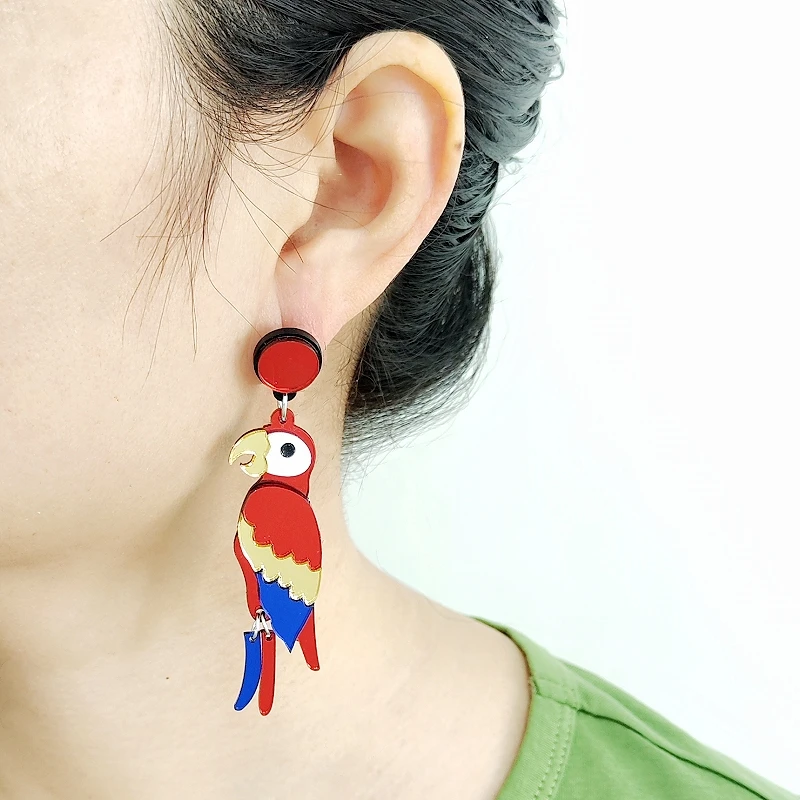 KUGUYS Fashion Jewelry Red Parrot Drop Earring for Women Mirror Acrylic 8cm Long Dangle Bird Accessories