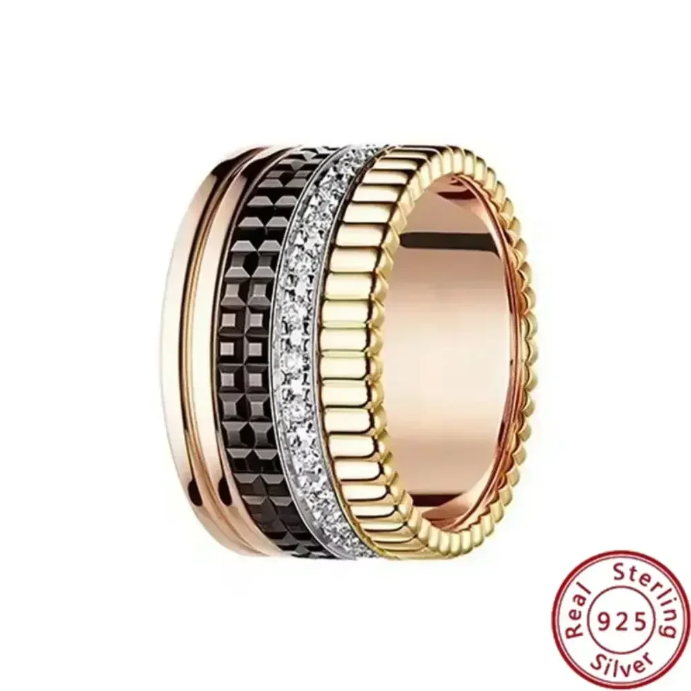 

925 Silver Ring with Rotating Gear Gold Black and White Diamond Baolong Ring Luxury Brand Jewelry Fashion