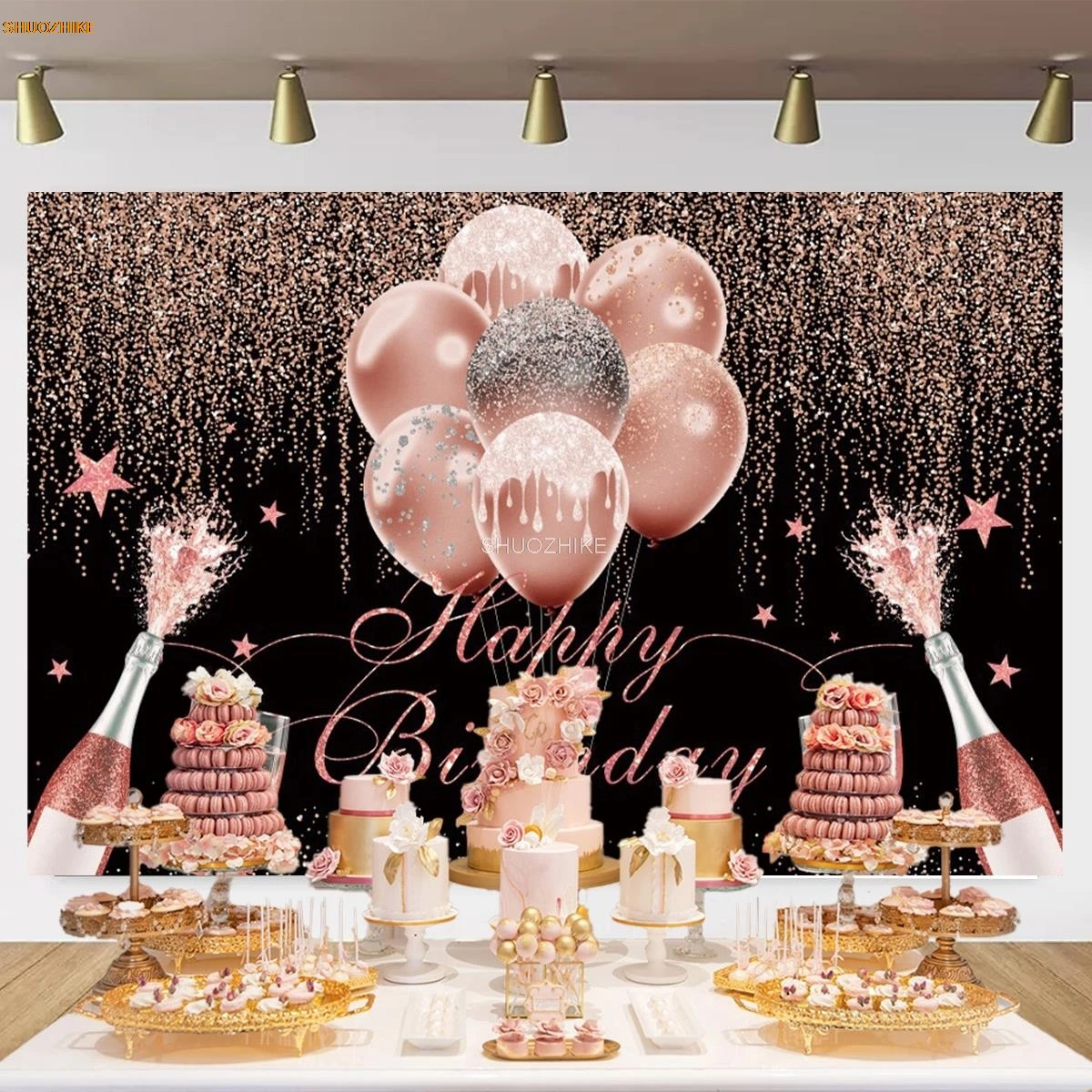 SHUOZHIKE Roze Zwart Goud Gelukkige Verjaardag Achtergrond Glitter Balloon Jongens Meisjes Party Ballon Sparkle Fotostudio Achtergrond JC-07