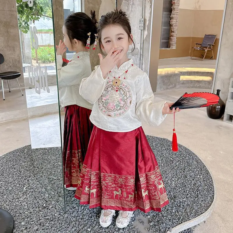 

Hanfu Весенняя юбка с изображением лошади для девочек, летний комплект 2024, детское античное осеннее платье, платье Тан в китайском стиле