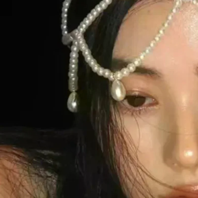 

Stylish Pearls Weave Hat Retro Mesh Headdress Imitation Pearl Forehead Chain Headpiece Exquisite Bride Wedding Accessories