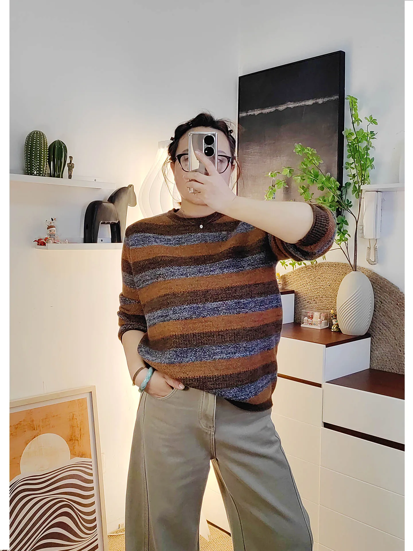 

Вязаный свитер больших размеров в полоску, свободный, универсальный, в корейском стиле, женский, с эффектом похудения, повседневный, удобный, с длинными рукавами