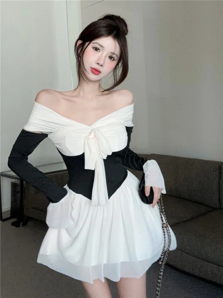 

Sweet Pure Desire Atmosphere Design One-Shoulder Women's Dress Sexy Waist-Cinching Color Block A-Line Short Skirt