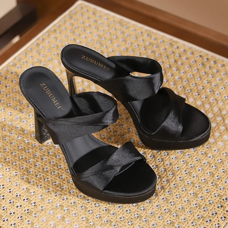 Slippers Woman Summer Outside Waterproof Table Satin Stiletto High Heeled Sandals Women's 2026 New Round Toed Women's Shoes