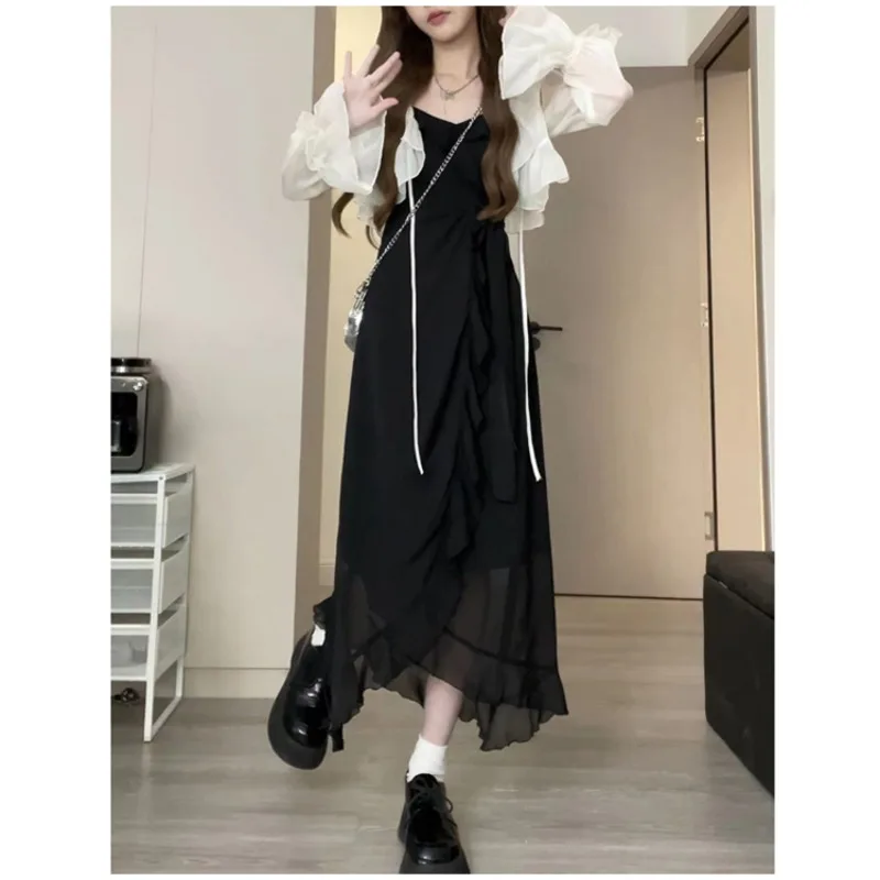 Ruffled thin cardigan over a pure desire ruffled V-neck maxi slip dress 6