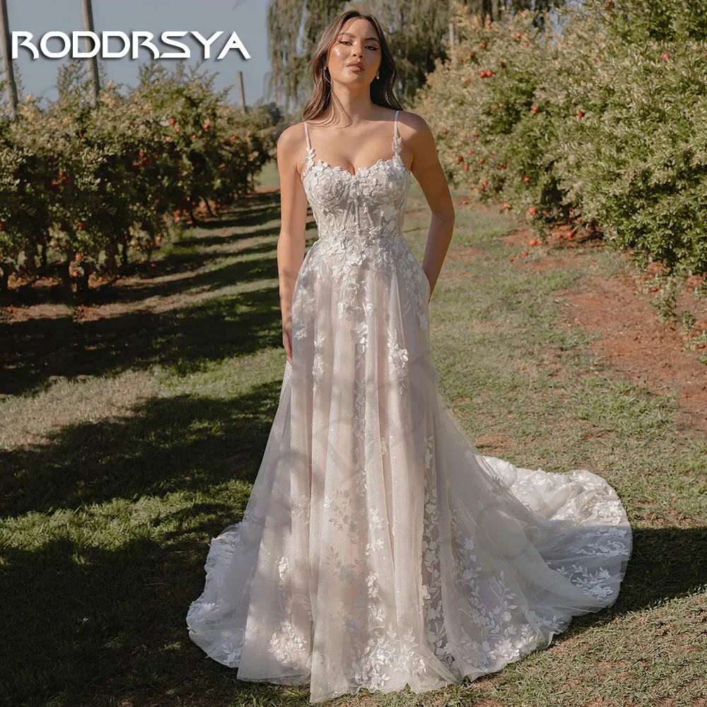 RODDRSYA-vestido de novia de tul brillante para mujer, traje de novia con tirantes finos, Espalda descubierta, 2024 Sparkly Tul Vestido De Novia