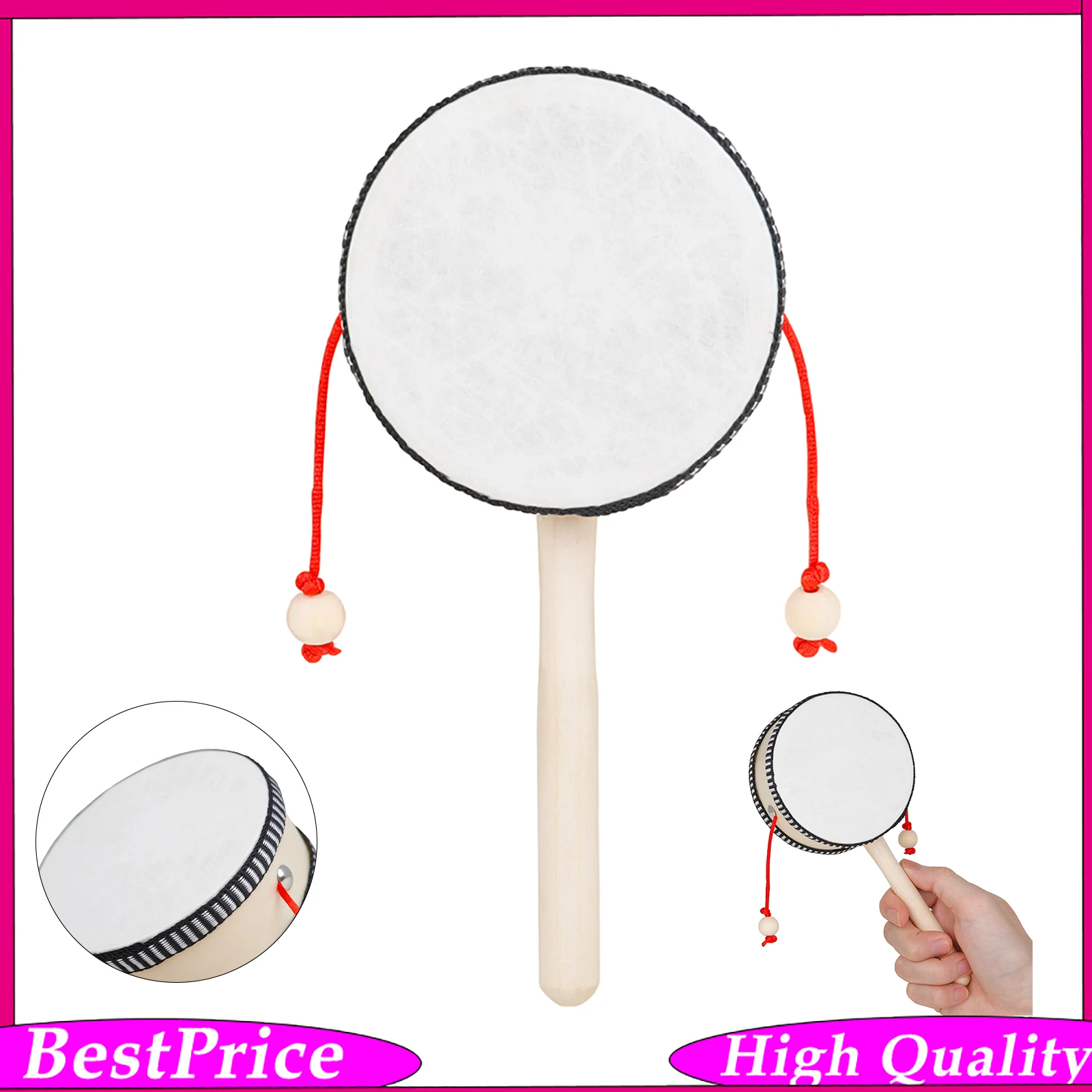 4 Inch Orff Hand Rattle Drum Black Trim Hand Shaking Drum Sensory Training Tool for Preschool Students Traditional Rattle Gifts