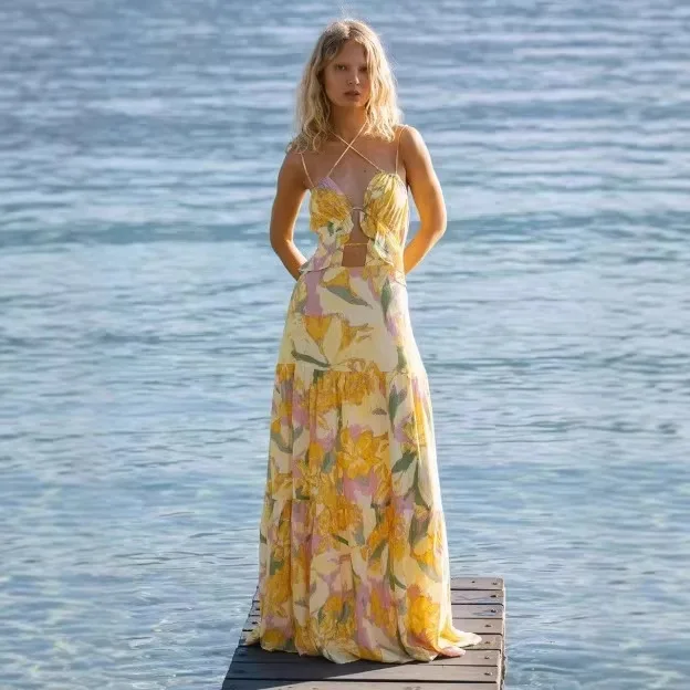 

2026 Summer New Women's Dress: Yellow And Pink Printed Halter Neck, Waist-Revealing, Hollowed-Out, Long Skirt