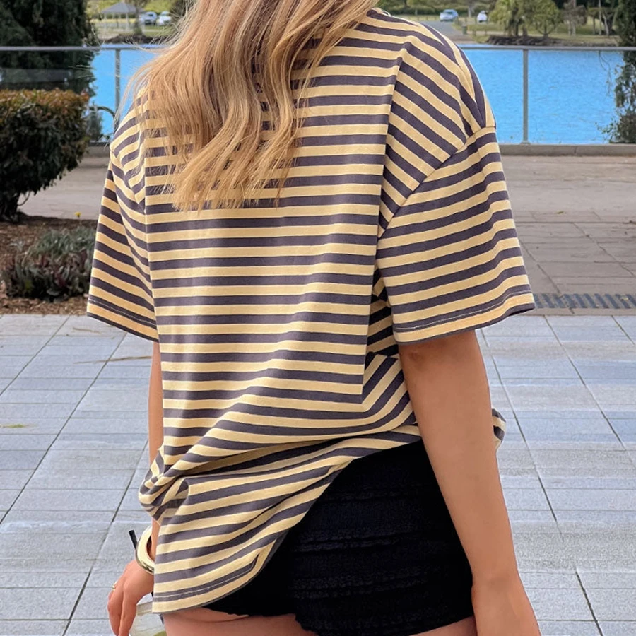 

Женская свободная футболка с коротким рукавом, черно-бежевая в полоску, летний повседневный топ, удобная футболка с круглым вырезом для женщин