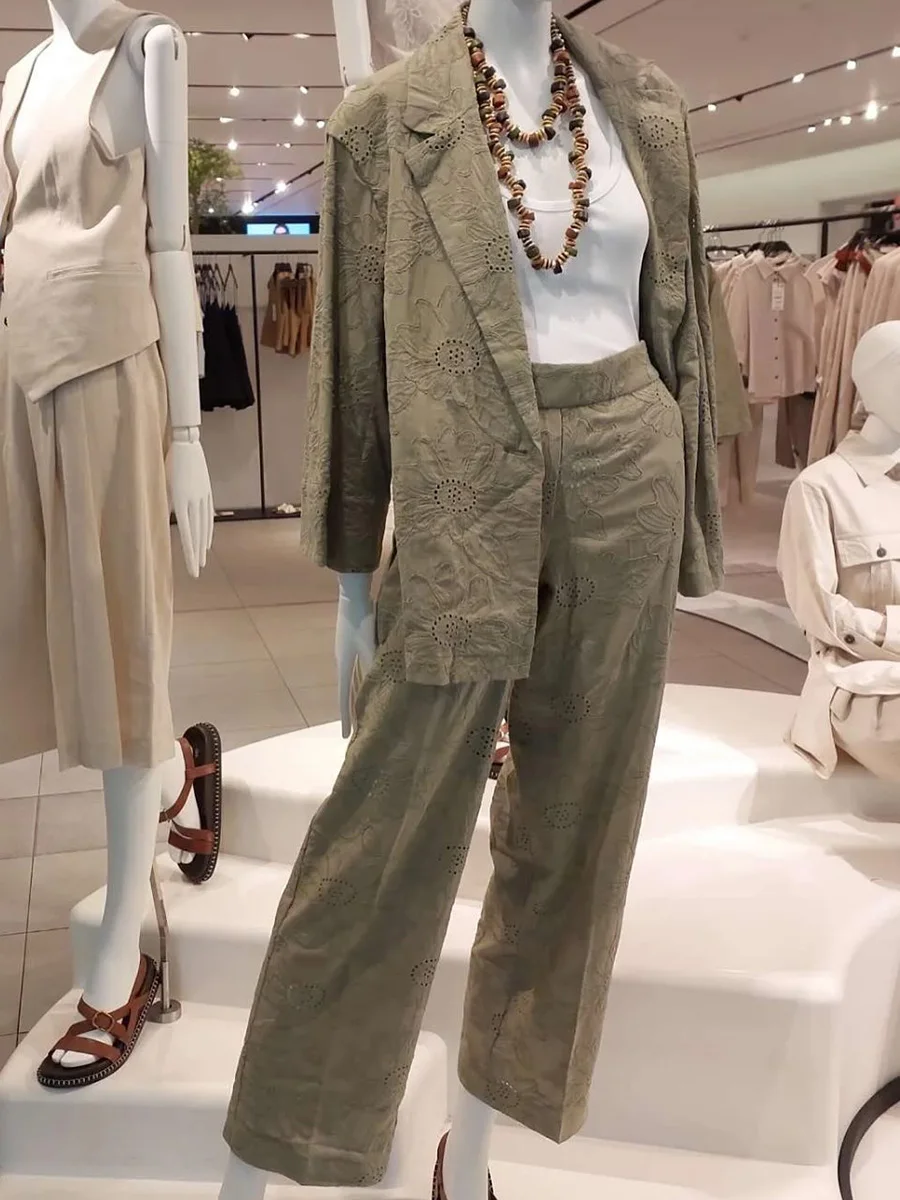 

Hollow Out Embroidery 2 Piece Set Women Single Breasted Long Sleeve Blazer Summer Simple Casual High Waist Straight Pants Sets
