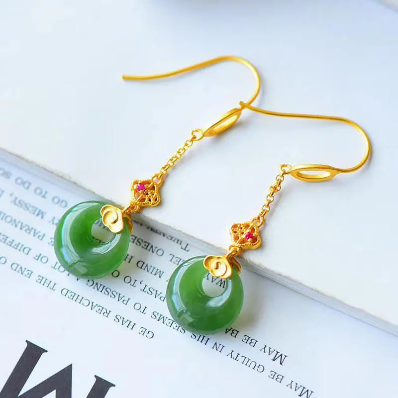 

Natural Hotan Jade Jasper Safety Clasp Copper Gilded Auspicious Cloud Long Vintage Lady Earrings Simple Selection Jewelry Gift