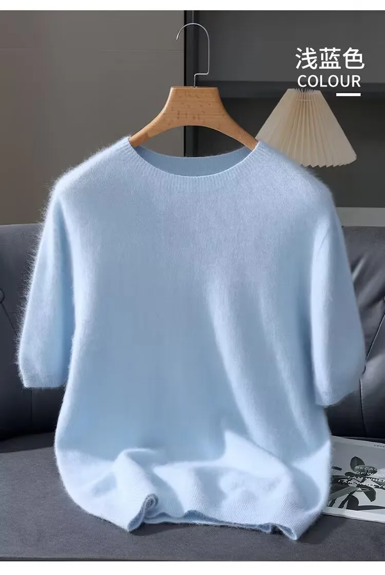 Herrenpullover, kurzärmelig, Sommer-Nerzstrickpullover, lockerer Rundhalsausschnitt, einfarbig, halbe Ärmel, einfaches T-Shirt, lässiges Oberteil – Detail 16