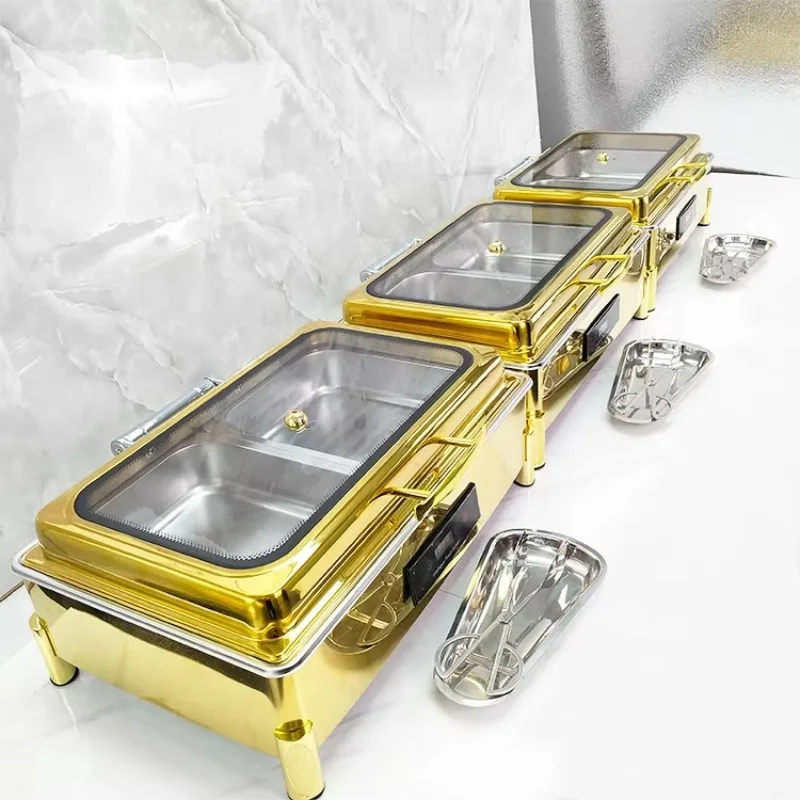 Modern luxury 9L gold electric hot pot rectangular stainless steel self-service display hotel and wedding party heater set