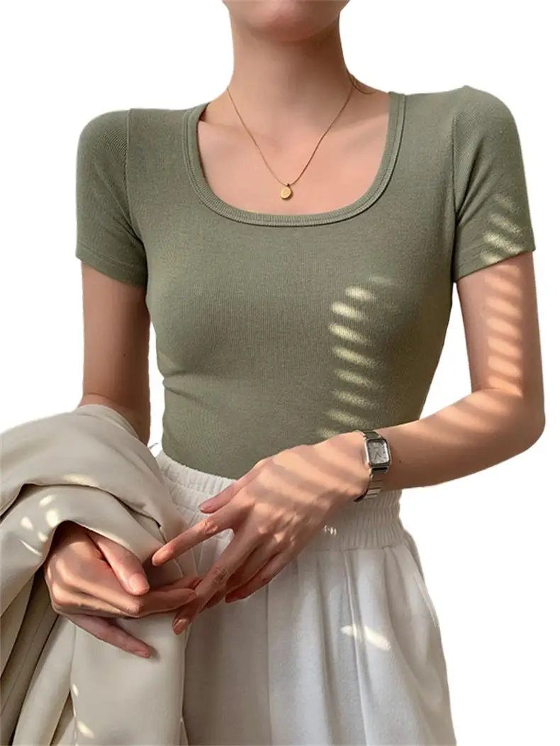 

Summer New Knitted Cotton Women U-Neck Tops Advanced Sense Slim Versatility Solid Basics Simplicity Undershirts Blouses