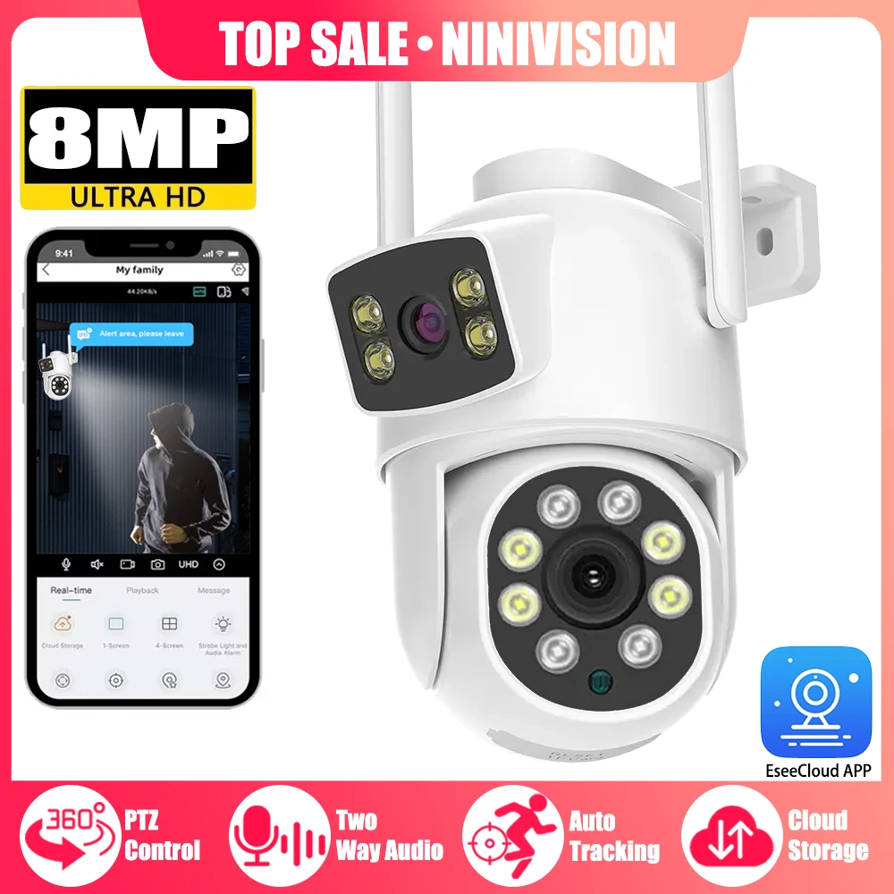 Wireless 4K 8MP Cctv PTZ Camera Dual Lens Dual Screen Ai Human Auto Tracking Two-Way Audio CCTV Outdoor Wifi Ptz Mini Camera