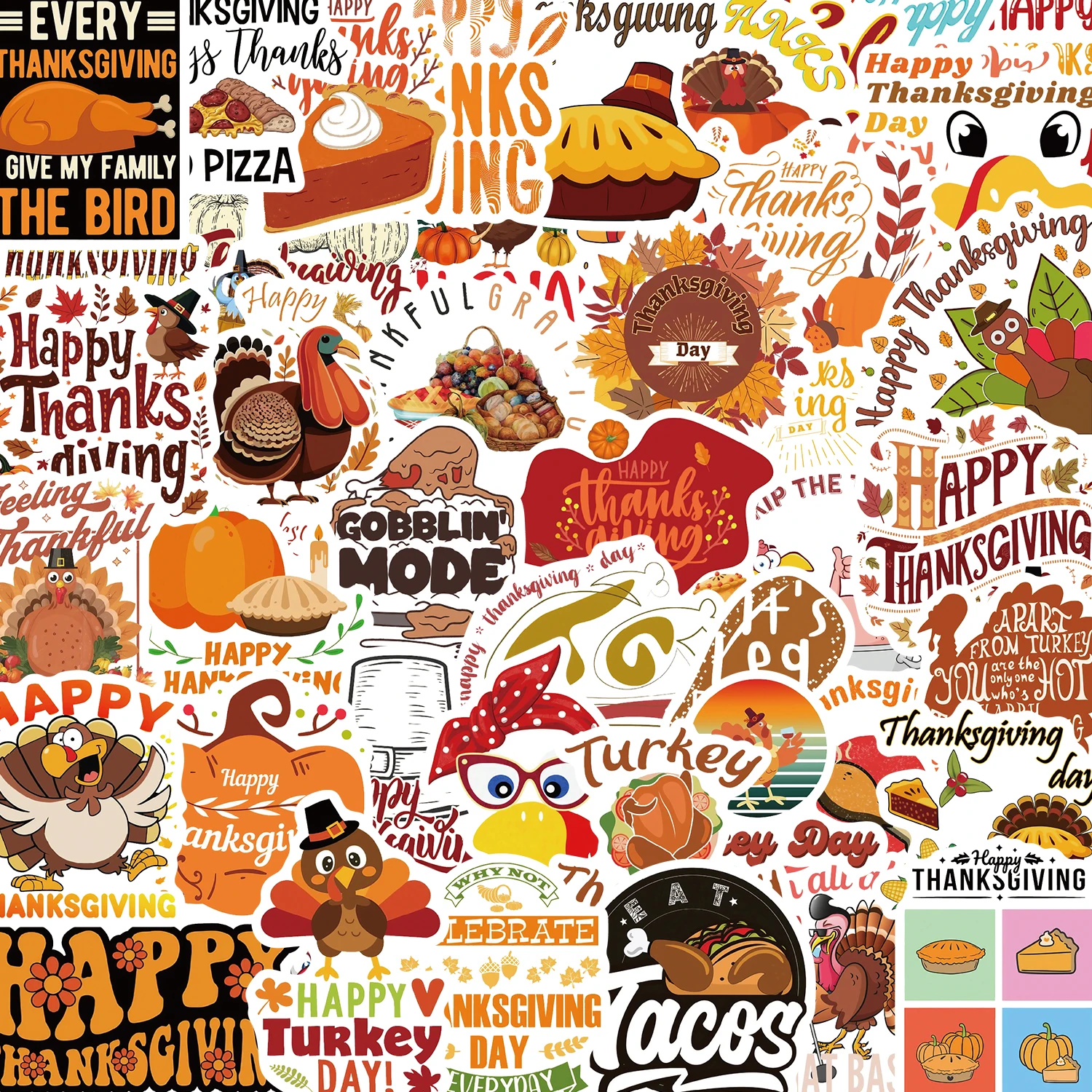 50PCS Thanksgiving Day Stickers Turkey Cartoon Graffiti Golden Good Harvest Decals Waterproof Decoration Diary Scrapbook