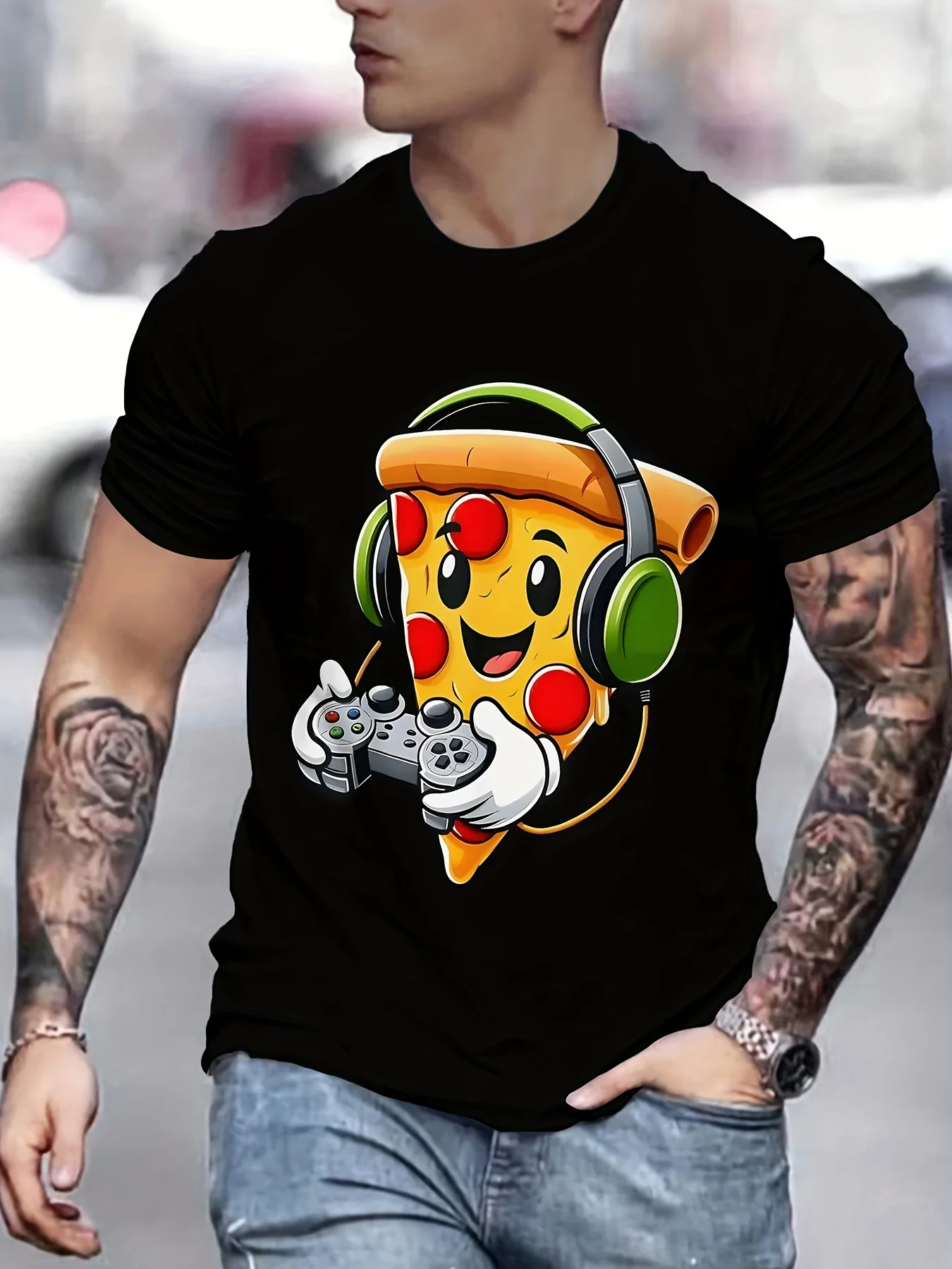 Pizza Gamer Headset Controller Graphic Tee Breathable Cotton Casual Short Sleeve T-Shirt for Men
