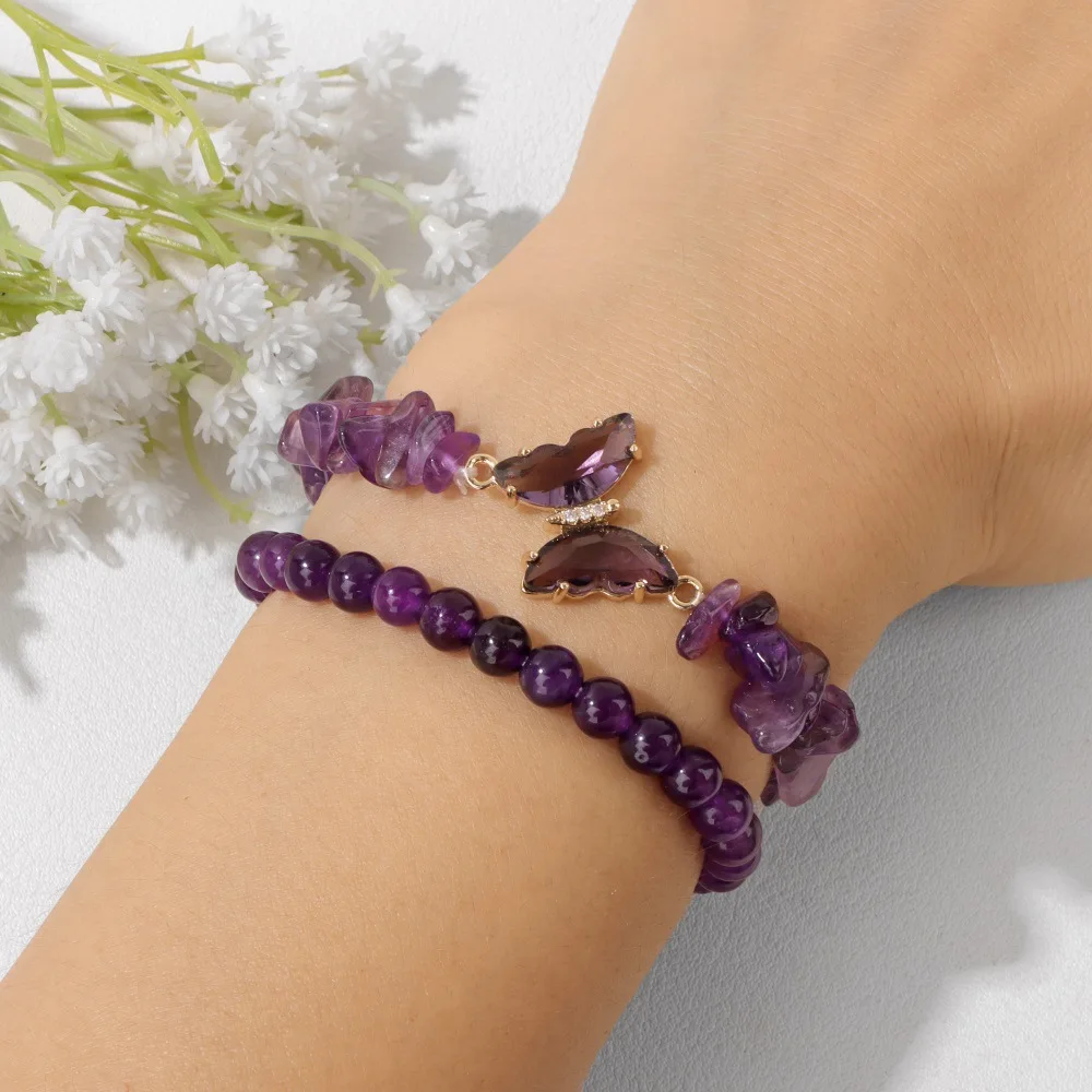 2pc Set Romantic Amethyst Obsidian Quartz Beaded Butterfly Bracelet Women Stretch Bangles Positive Energy Daily Commute