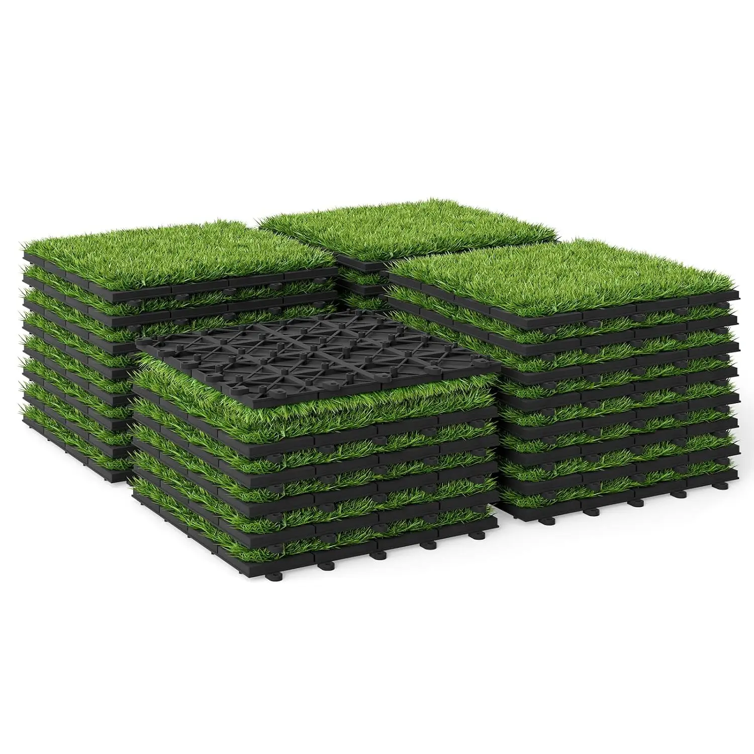 Artificial Grass Interlocking Deck Tiles, 30 PCS Fake Turf Flooring with Drainage Base, Snap-Together Outdoor Grass Tiles