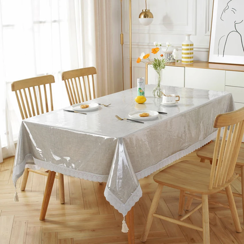 Lace Hem Transparent Tablecloth Waterproof Oil-proof PVC Table Cloth for Home Kitchen Dining Table Decorative Protective Cover