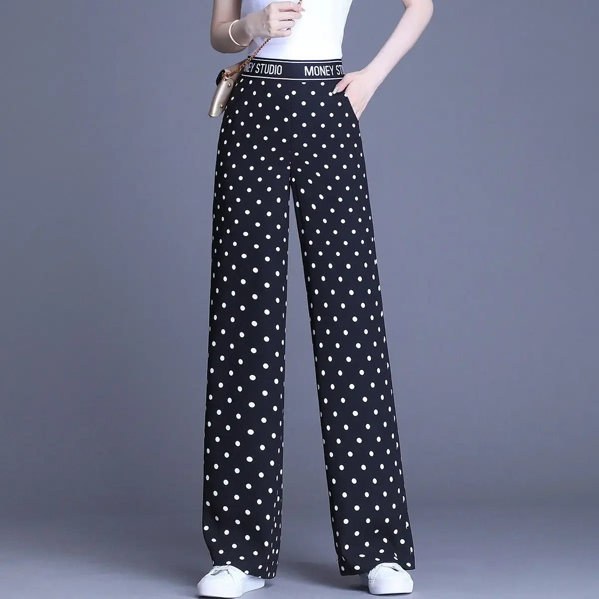 Women Pants Polka Dot Summer High Waist Straight-Leg Trousers Summer Polka Dot Chiffon Pants Summer Pantalones De Mujer