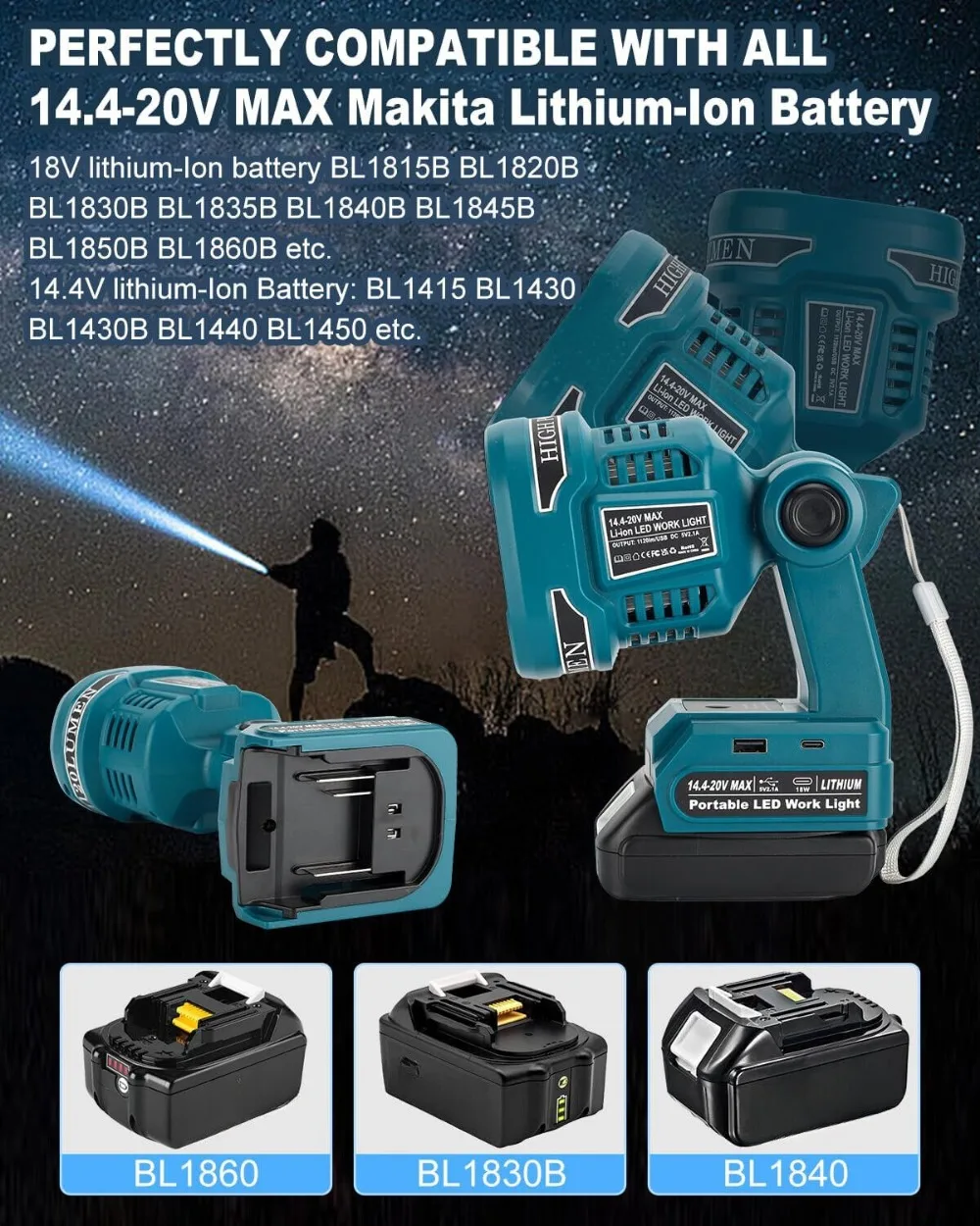 1120LM LED Flashlight for Makita 18V Battery Cordless LED Work Light Spotlight Jobsite Light with USB for Camping Outdoor Indoor