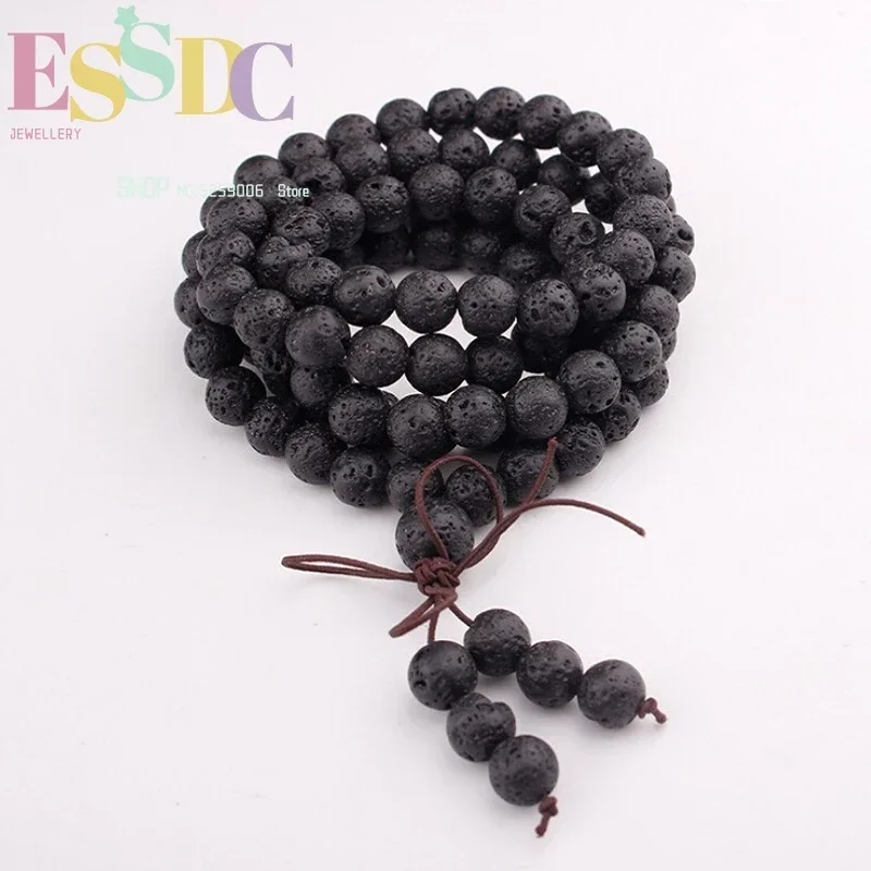 8mm 108 Mala Bow Tie Knot Beads Black Volcanic Rocks Stone Hand String Wholesale Buddhist Bracelet Male Female Jewelry