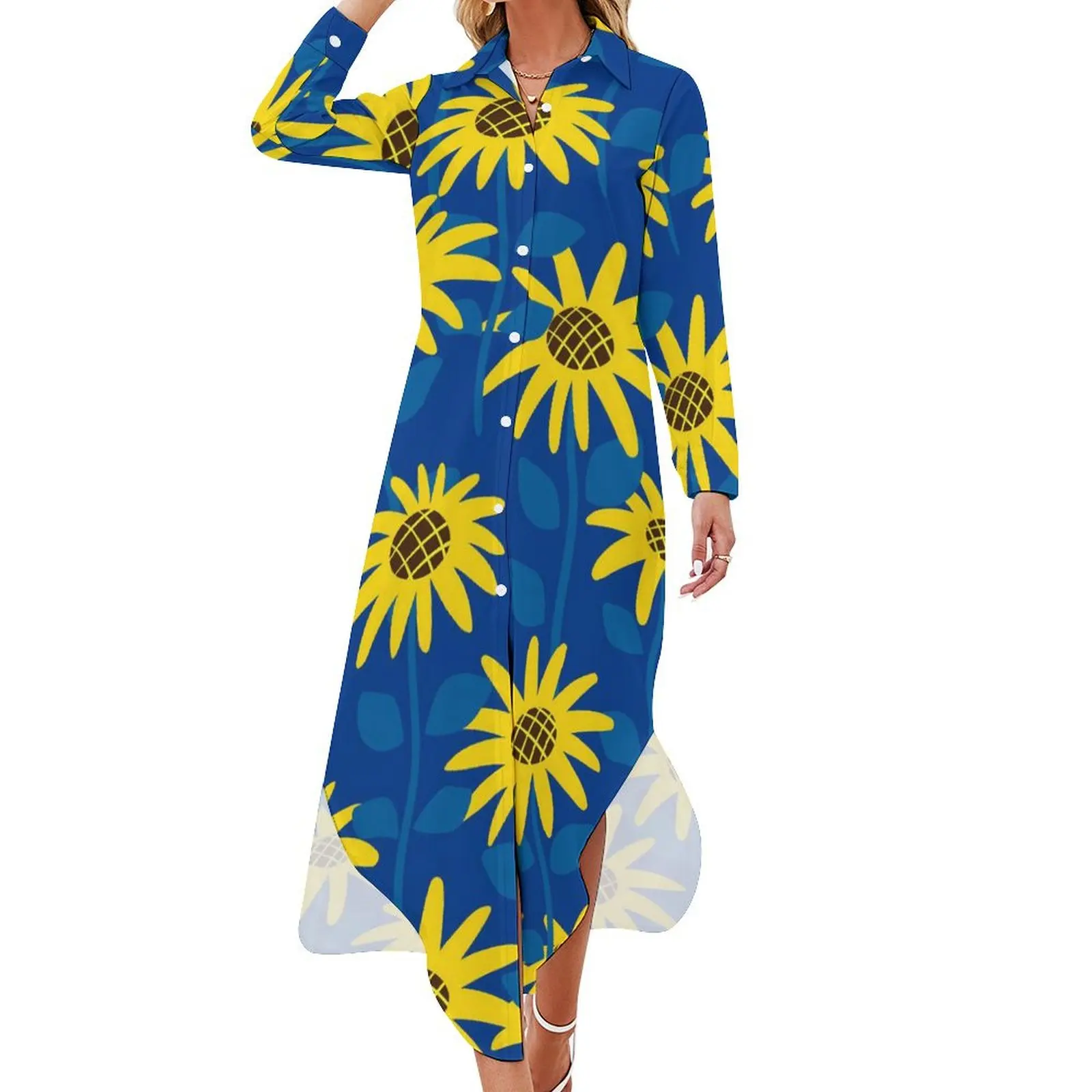 

Yellow Sunflower Chiffon Dress Sexy V Neck Blue Leaves Print Elegant Dresses Female Stylish Casual Dress Birthday Present