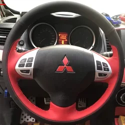 Hand-stitched Black Red Genuine Leather Car Steering Wheel Cover For Mitsubishi Lancer X 10 Outlander 2007-2015 ASX 2010-2013