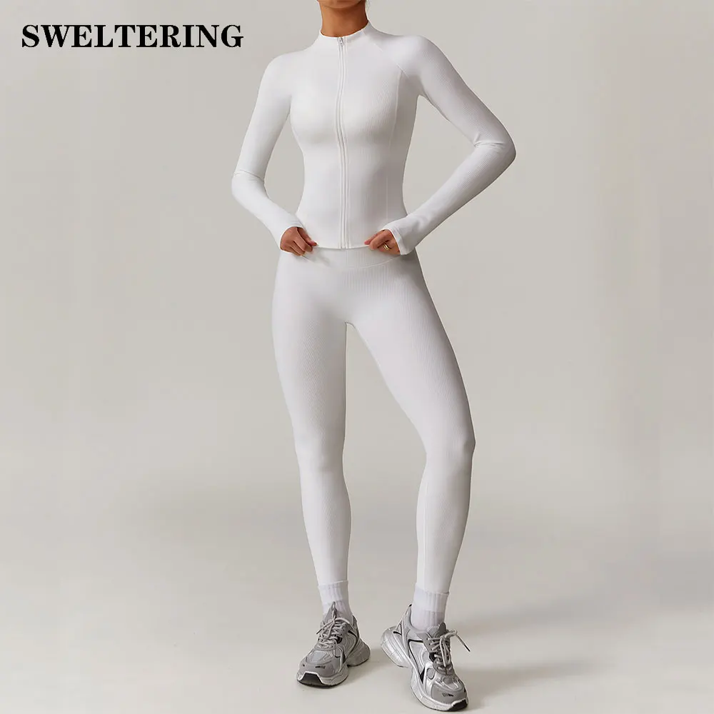 2PCS Women Yoga Suit Sports Set Quick-Drying Gym Set Women Tracksuit Running Workout Long Sleeve Sports Shirt Rib Yoga Clothing