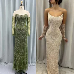 YQLNNE Dubai Mermaid Greenery Long Evening Dresses with Gloves Elegant Women Wedding Party Gowns Saudi Arabia