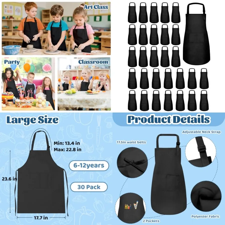 

30 Pcs Apron Bulk Adjustable Bib Aprons with Pockets for Girls Painting Kitchen Cooking Baking Black, L