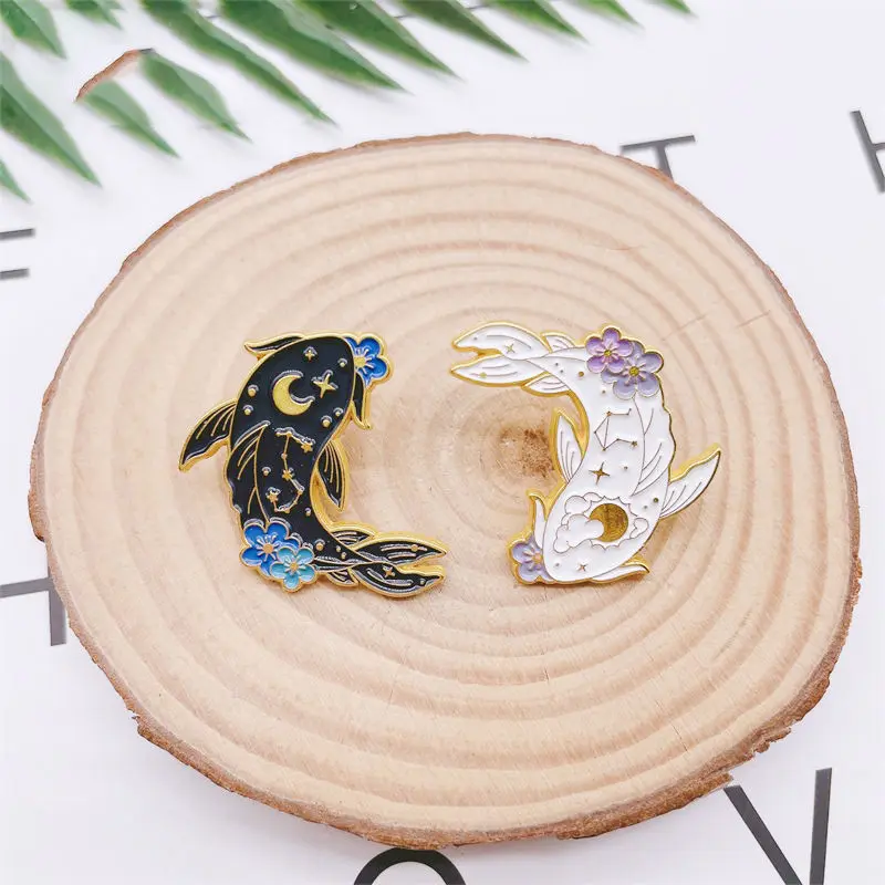 Celestial Koi Fish Enamel Pin Set, Yin Yang Style Black & White Koi Brooches, Floral Moon Star MetalBadges with GoldTrim,Jackets