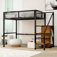 Loft bed 90*200 with ladder, cot with iron frame and storage shelf, wardrobe black