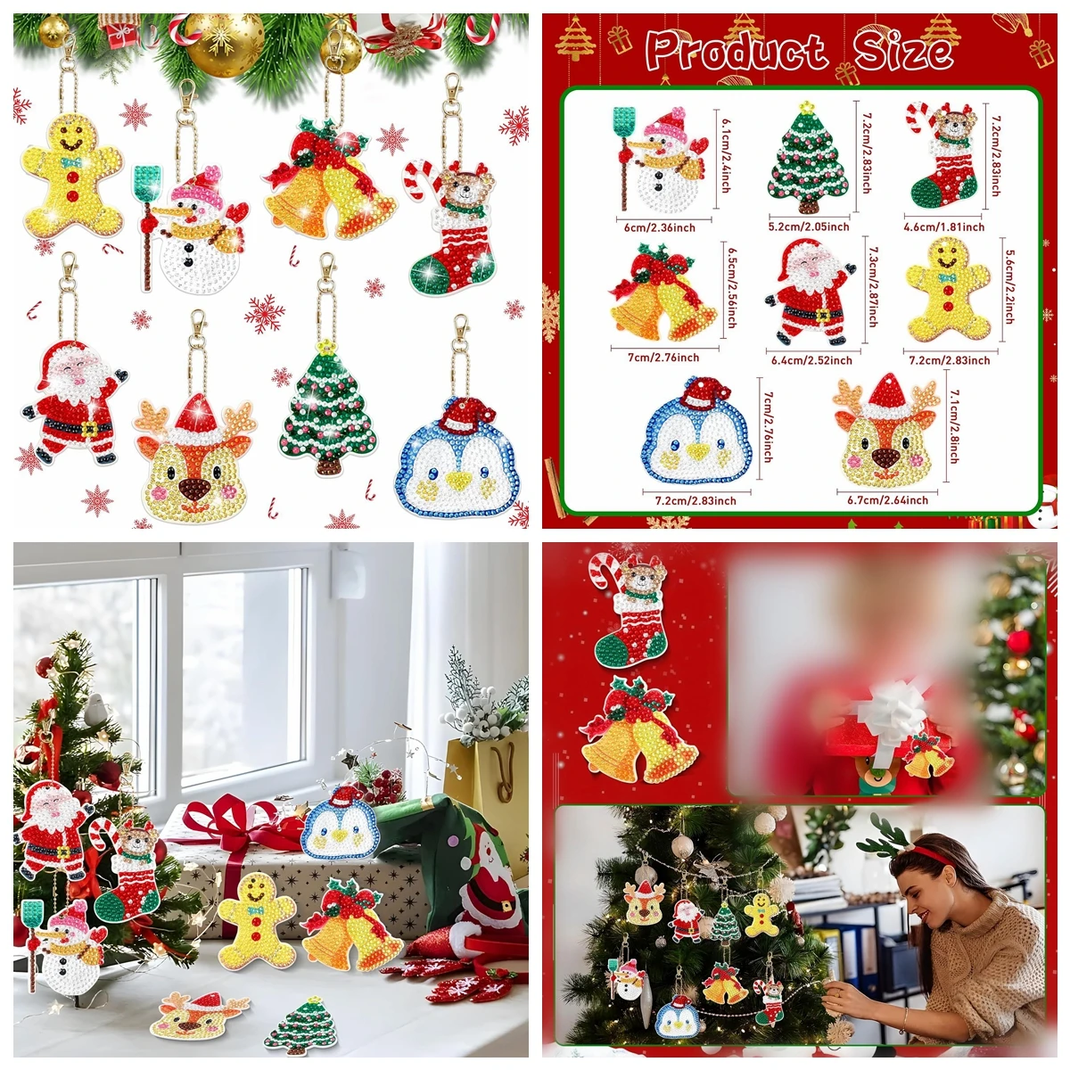 8-20pcs/set DIY Keychains Diamond Painting Christmas Decoration Acrylic Double Sided Diamond Art Christmas Keychains for Adults