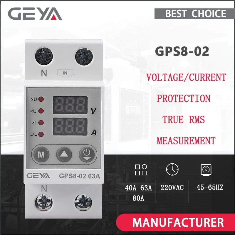 

GEYA GPS8-02 Din Rail Over Current Protector Over Voltage Under voltage Protective Device 40A 63A 80A 220VAC