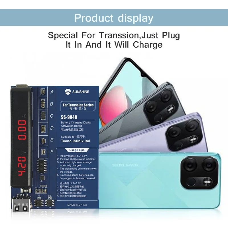 SUNSHINE SS-904B Transsion Battery Activating Board Intelligent Anti-burn TECNO Itel Infinix Fast Charging Detection Tool