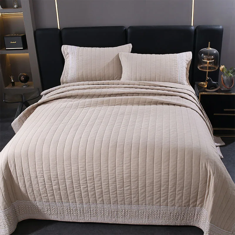 Luxury Khaki Cotton Quilted Bedspread Set, 3-Piece Bedding Set, High-Temperature Washed, Minimalist Style, King/Queen Size Quilt