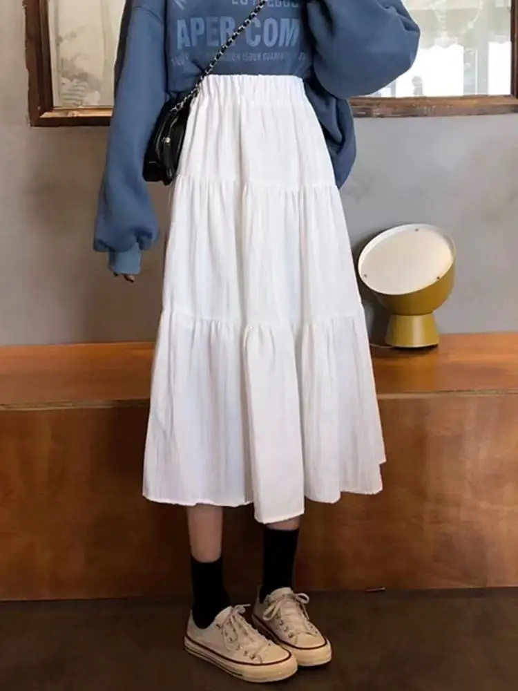 White A-Line Midi Skirt plus Size Women's Early Autumn Small Size Cake Skirt High Waist Korean Style for Young Ladies