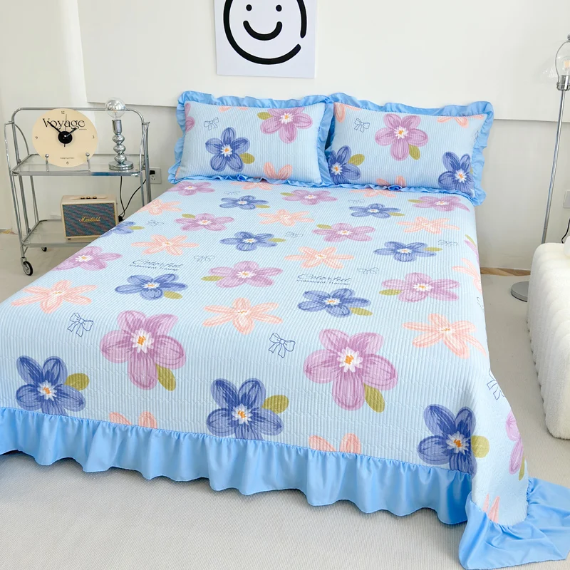 Flower Printed Quilted Bedspreads for Bed Thickened Bed Cover with Ruffles Queen/King Skin-friendly Bedspread Super Soft Quilt