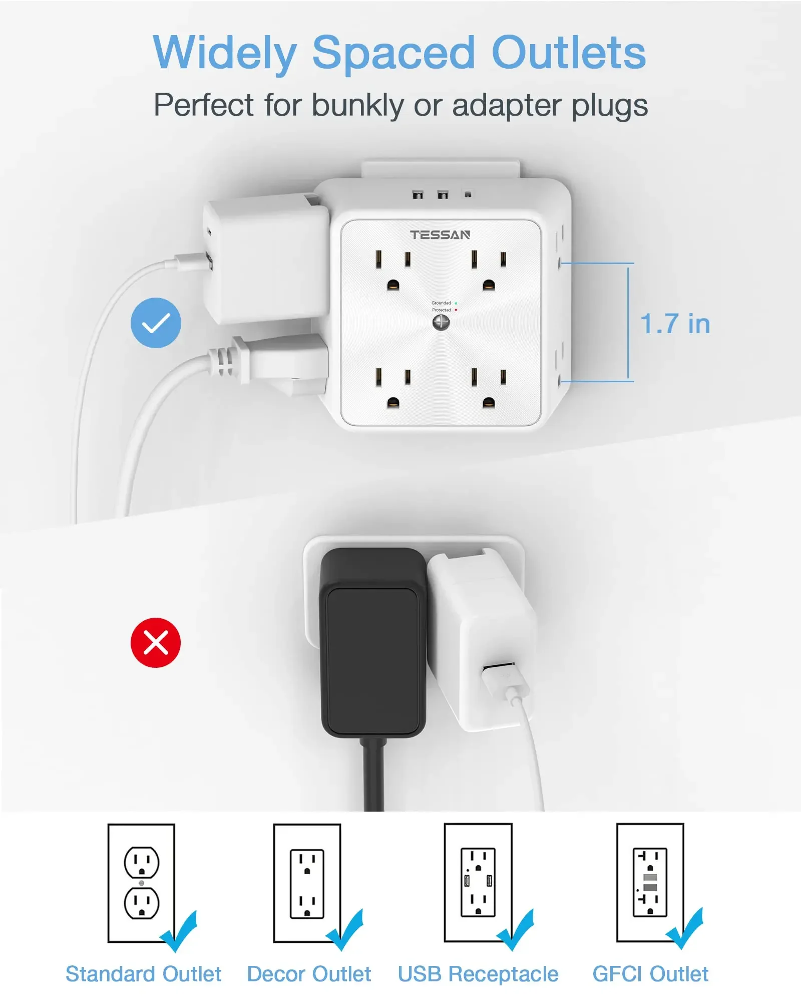 TESSAN US Wall Socket Extender with 8 AC Outlets and 3 USB Ports (1 USB C) Power Strip Adapter Overload Protection for Home