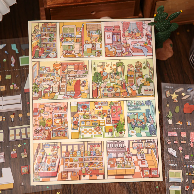 

Милые 3D-стикеры с мультяшными миниатюрными сценами квартир, DIY-наклейки для скрапбукинга, забавные праздничные подарки